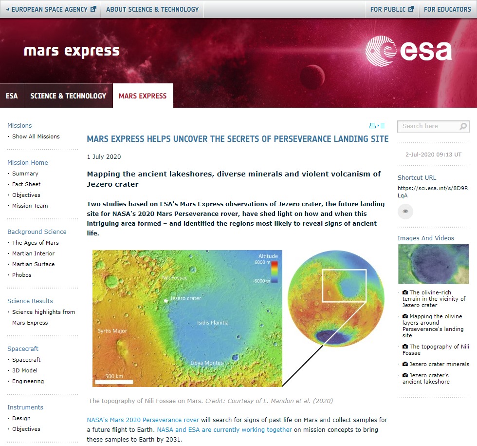 Mars Express helps uncover secrets of Perseverance landing site July 1, 2020