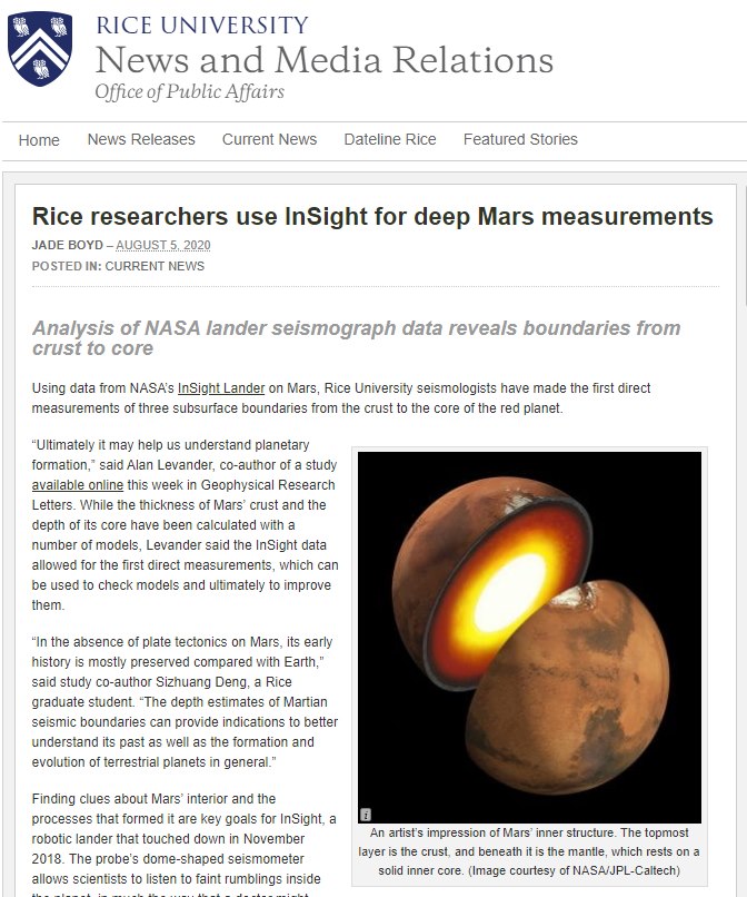 Analysis of NASA lander's seismograph data reveals boundaries from crust to core