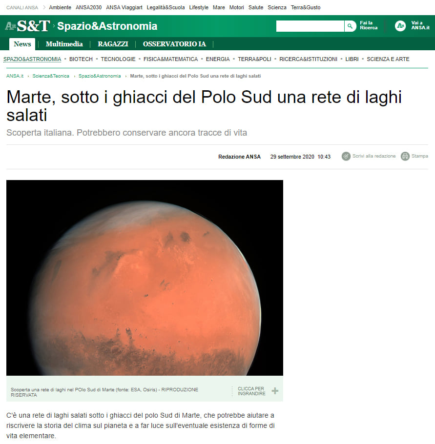 Mars, under the ice of the South Pole a network of salt lakes